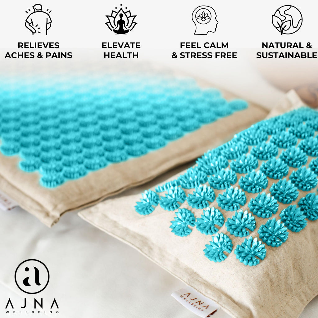 Ajnamat Eco-Luxe Acupressure Mat and Pillow Set - Natural/Aqua